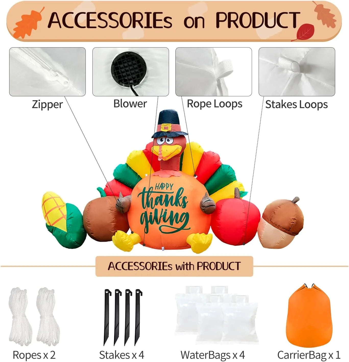 8' Thanksgiving Inflatables Decorations, Blow up Turkey Outdoor Decor