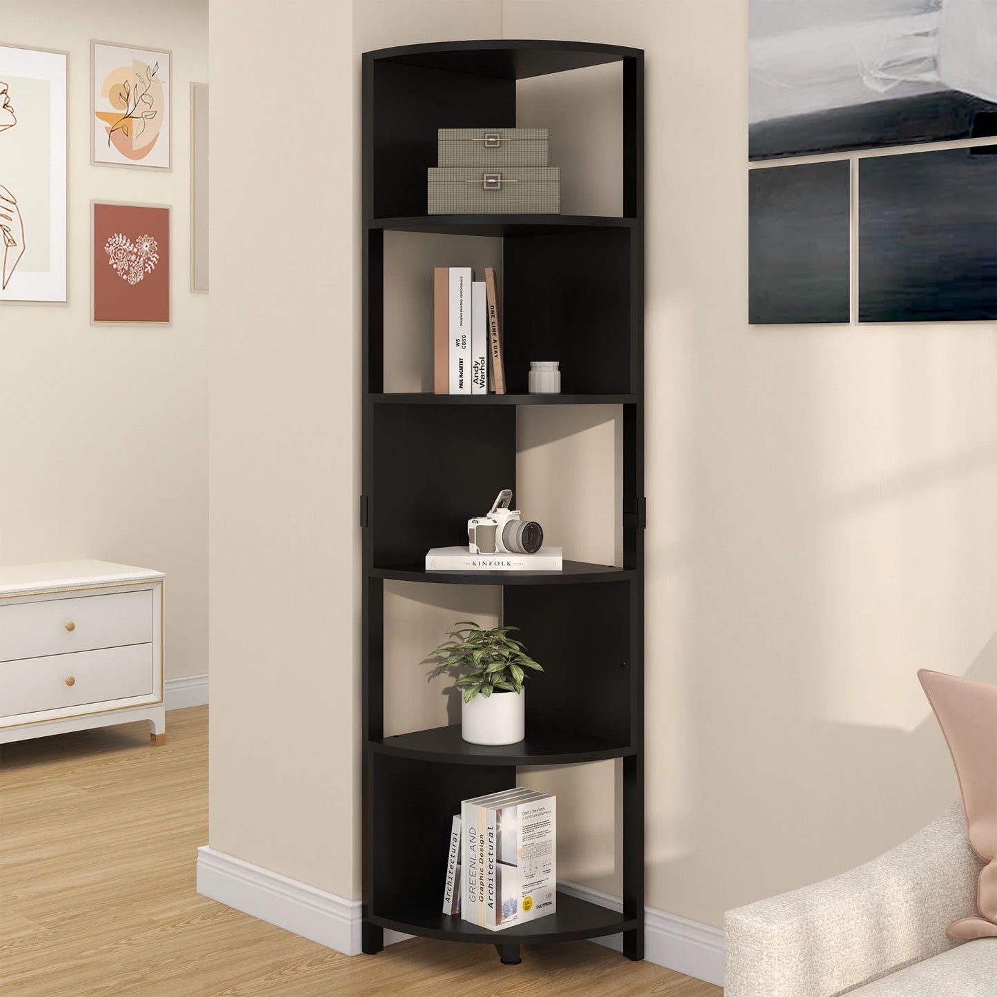 6-Tier Corner Shelf, 68.8" Tall Modern Free Standing Zigzag Corner Bookshelf for Living Room, Home Office,Black
